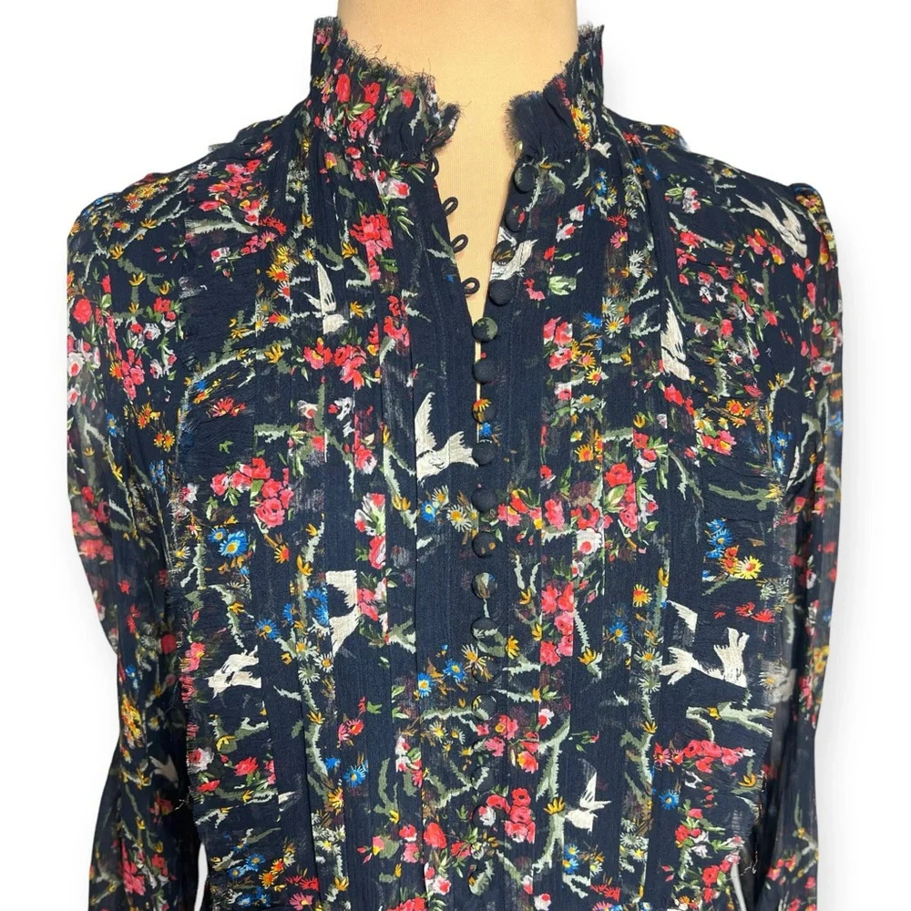 The Kooples Navy Blue Bird Print Silk Chiffon Dress Size Medium Ruffle Mini - Picture 5 of 16